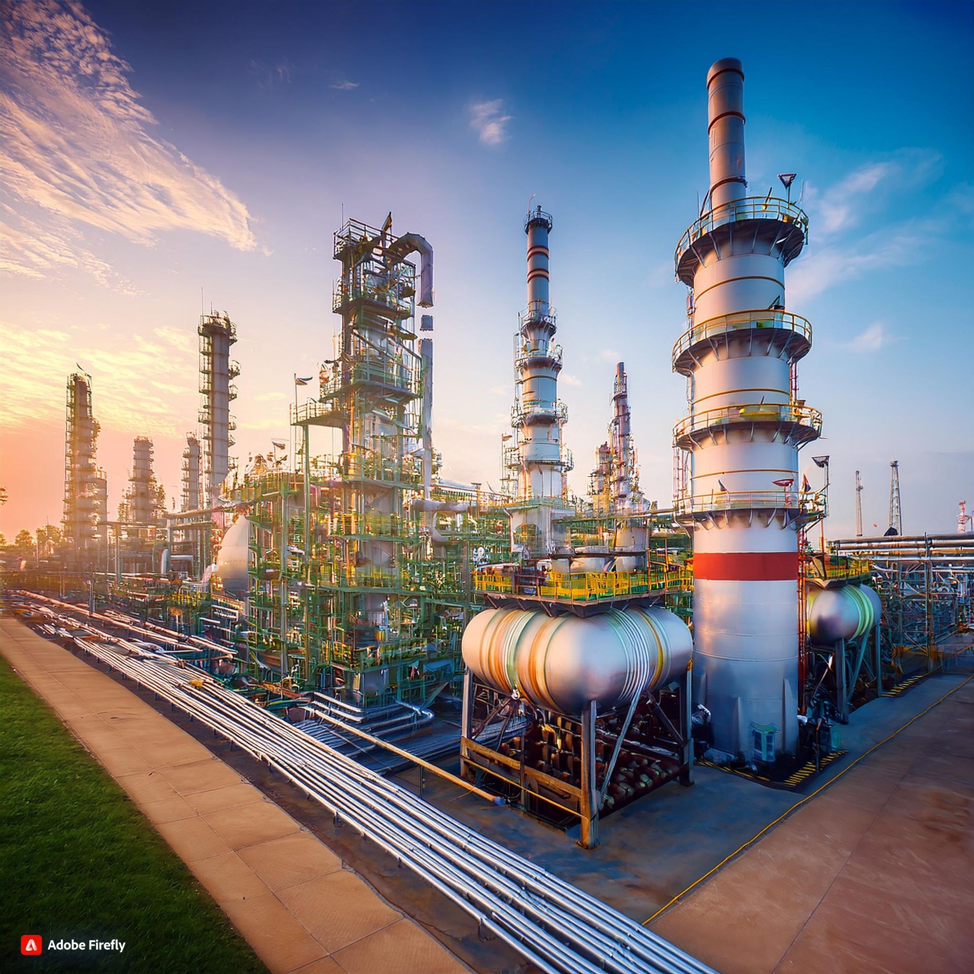 Industrial refinery complex with tall chimneys and storage tanks under a vibrant sunset sky.