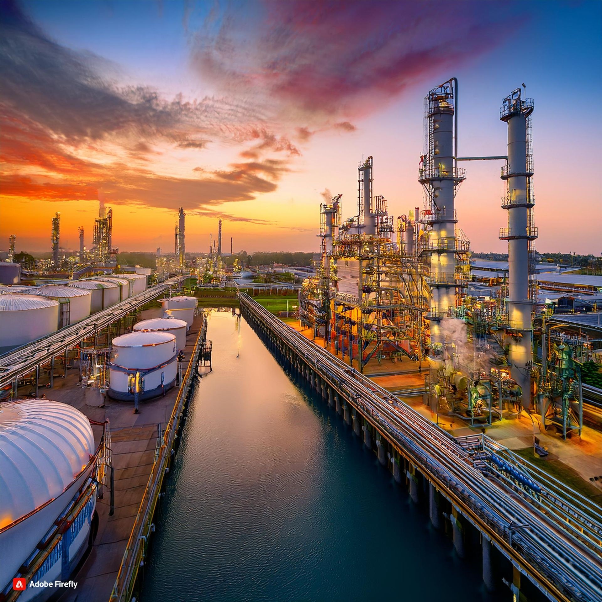 Industrial refinery complex with pipes and storage tanks along a waterway at sunset with a colorful sky.