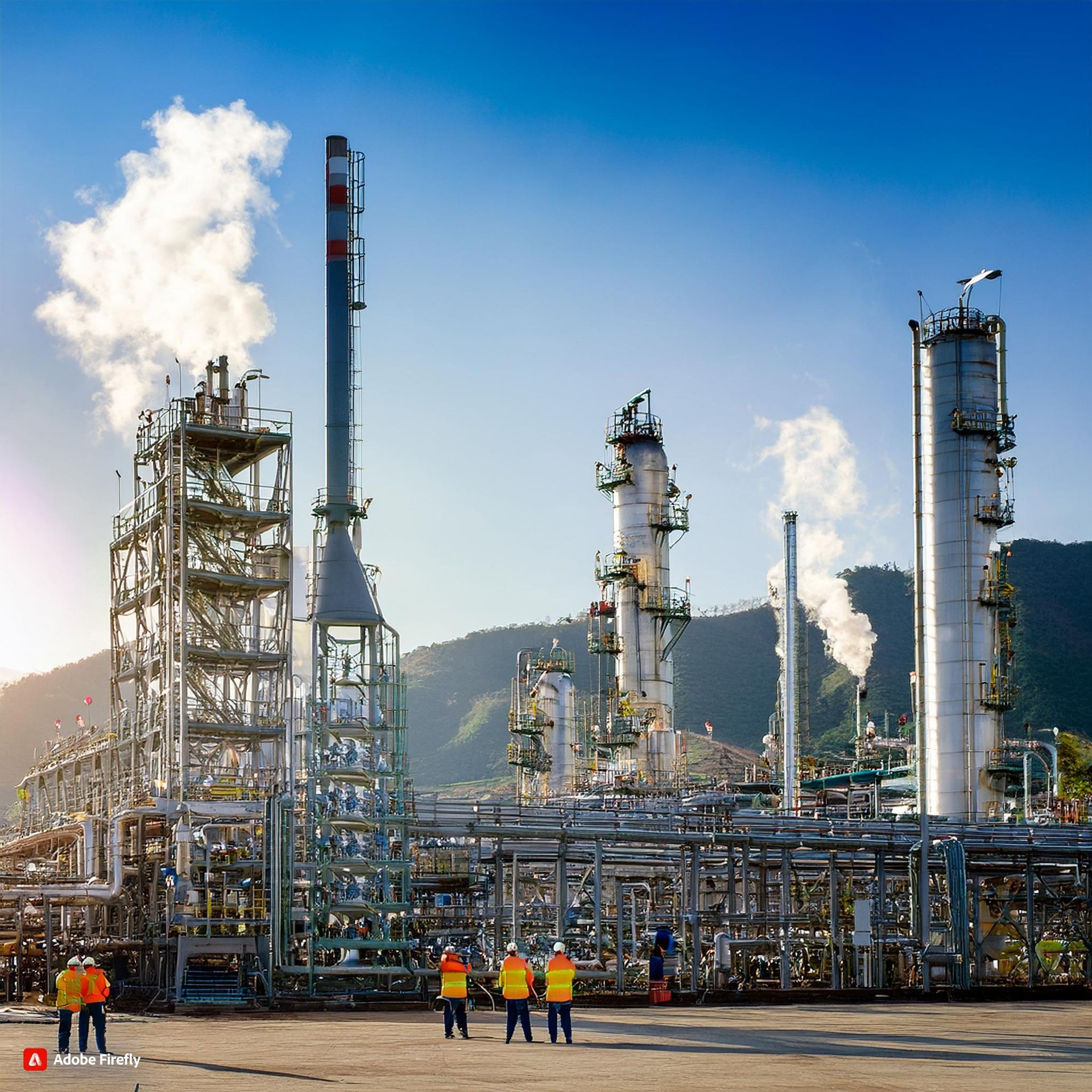 Industrial refinery with tall towers emitting steam, workers in safety vests observing from a distance.